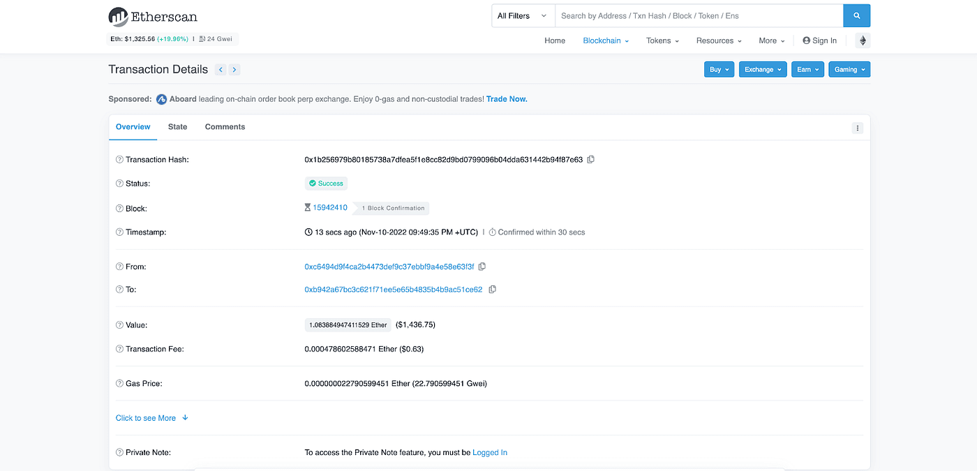 Etherscan transaction details for an Ethereum transfer, showing the transaction hash, from and to addresses, value, and fee