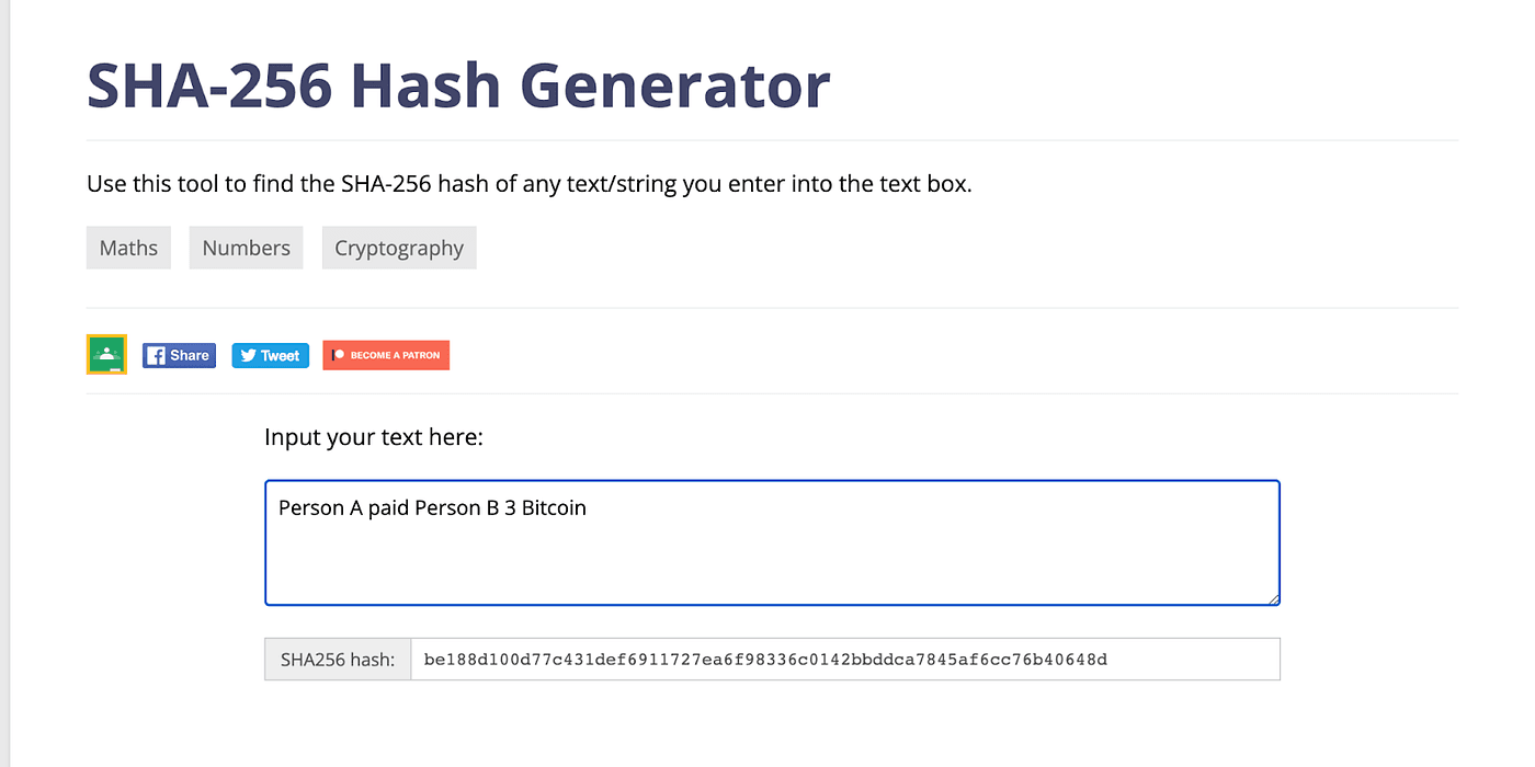 SHA-256 hash generator computing the digest of the message 'Person A paid Person B 3 Bitcoin'