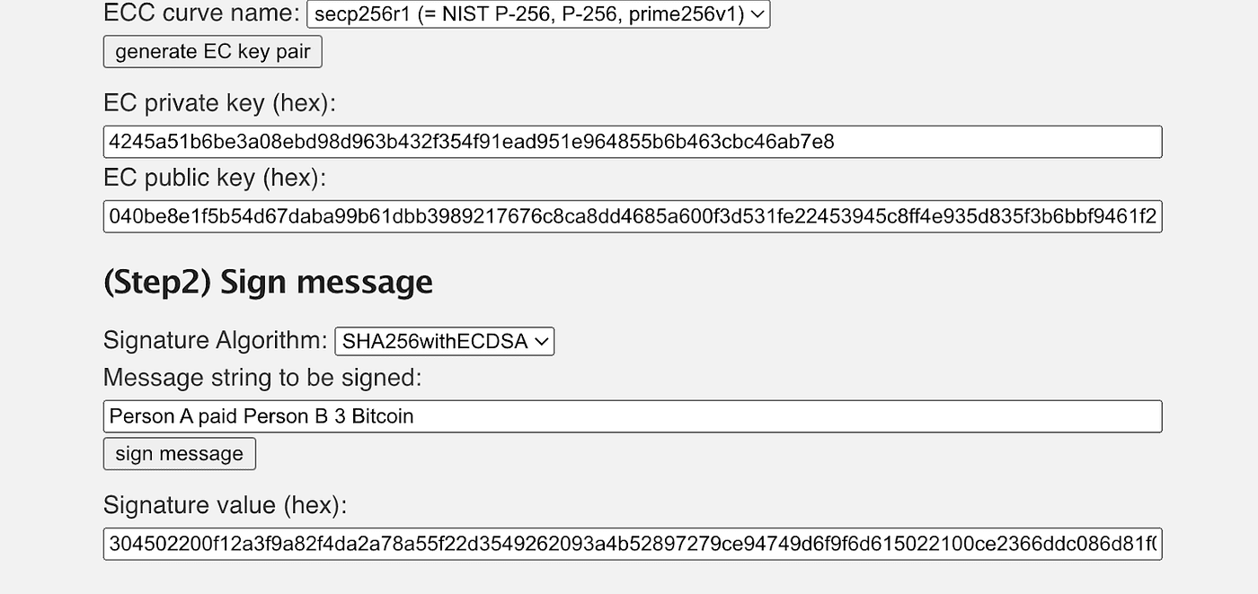 ECDSA signing tool producing a SHA256withECDSA signature value in hex for the example message
