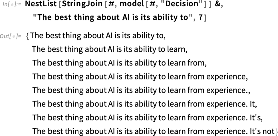 Wolfram Language notebook output growing a sentence about AI word by word through eight successive next-word predictions
