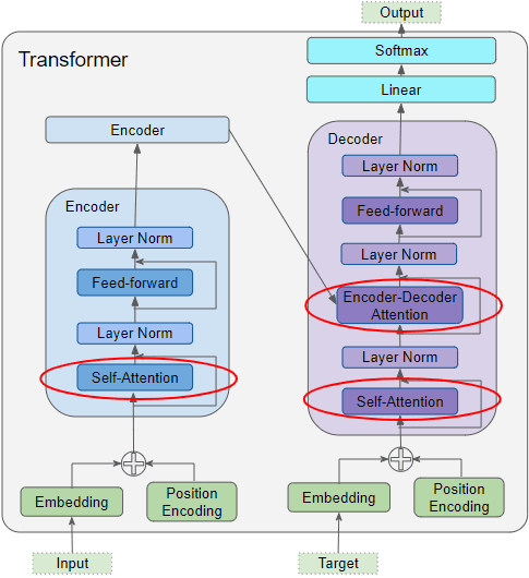 Full transformer block diagram with attention layers circled in red across the encoder and decoder, ending in linear and softmax